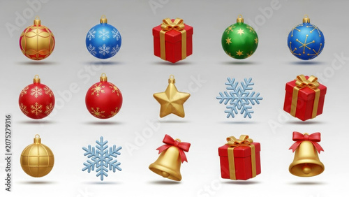 Set of 3d christmas holiday decorations featuring colorful ornaments gift boxes snowflakes and golden bells isolated on a soft grey background for design