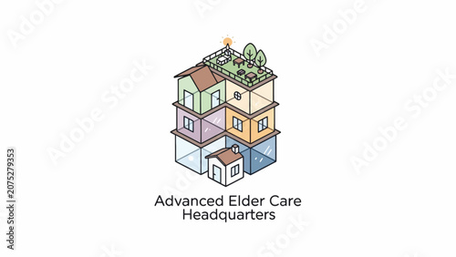 An isometric illustration of a multi-level residential facility for senior citizens