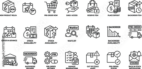 Foto Vector line icon set of ecommerce retail product launch preorder management back