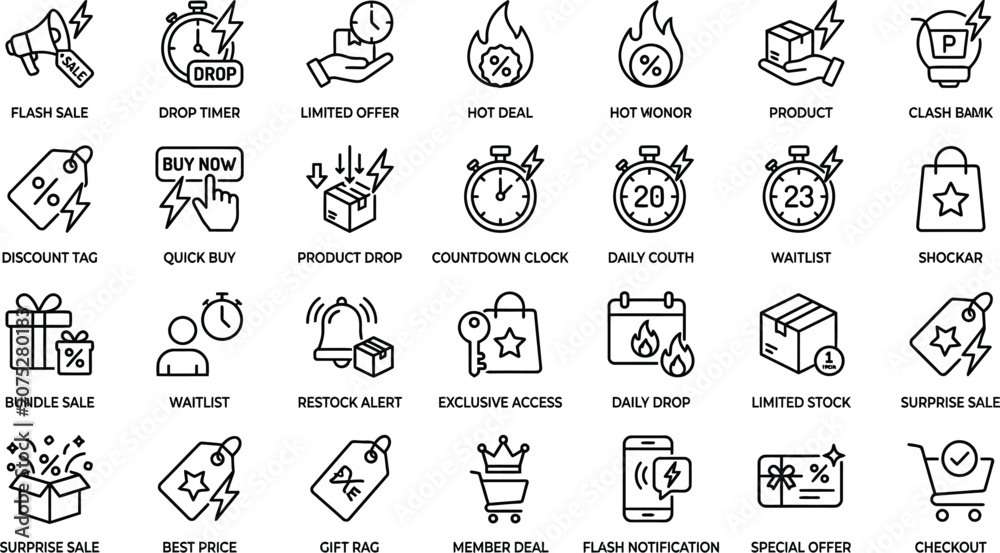 Fototapeta premium Vector line icon set of ecommerce flash sale countdown timers product drops discount labels scarcity marketing promotions and waitlist urgency widgets