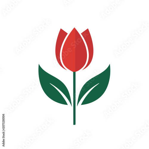 Red tulip flower with green leaves vector icon