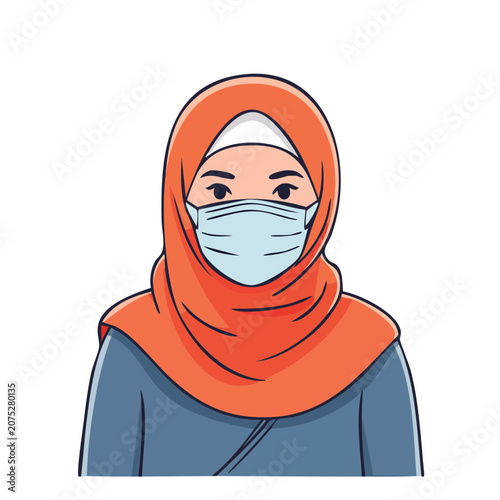 Woman in orange hijab wearing face mask, flat vector illustration