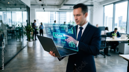Businessman using a digital banking platform interface on a laptop to manage loan applications in a modern office