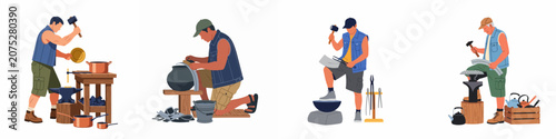 Canvas-taulu Illustrations of male blacksmiths and tinsmiths using tools like hammers and anvils to craft and repair various metal pots, pans, and kettles
