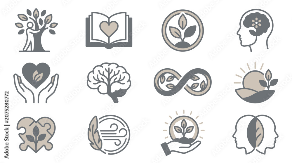 Fototapeta premium Flat icons for wellness psychology and nature.