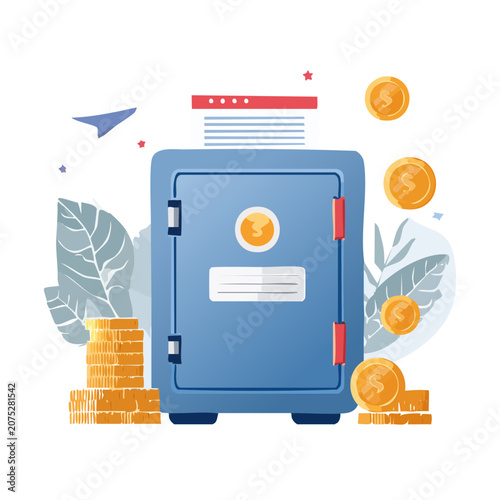 Flat vector illustration of a safe with coins and leaves