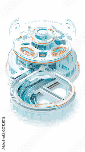 A futuristic circular architectural structure with complex glowing light pathways