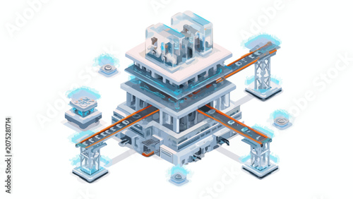 A futuristic industrial facility with automated conveyor belts and glowing energy nodes