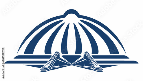 A minimalist blue graphic illustration of a stylized dome structure on white background