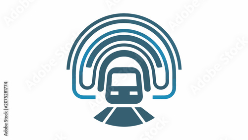 A minimalist icon showing a train moving through a tunnel on a white background