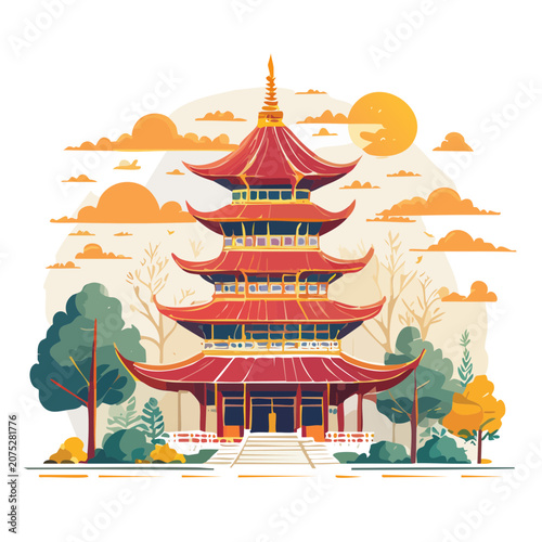 Traditional East Asian Pagoda with Tiered Roofs and Nature
