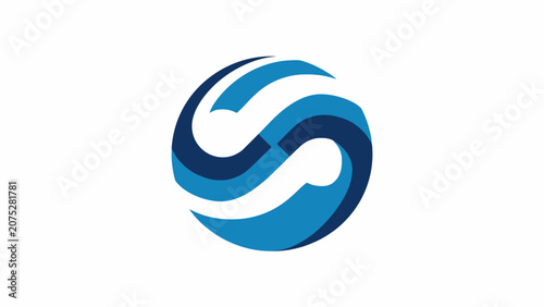 A minimalist abstract circular logo design featuring blue flowing shapes