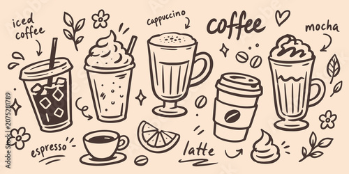 Canvastavla Coffee Drinks Doodle Set Hand Drawn Vector Illustration