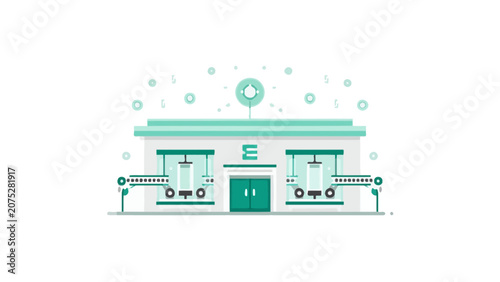 A flat vector illustration of a modern industrial manufacturing factory building