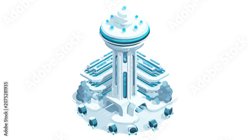 A futuristic tower stands in a clean white environment with glowing blue accents