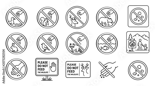 Photography Do Not Feed Wildlife Line Art Icon Set with Animal Feeding Prohibition and Natur