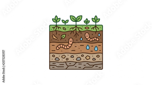 Картината върху платно Illustration of soil layers with plants and earthworms.