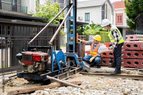Engineers inspecting a micro pile driving machine.Team of builders inspecting a micro pile driver machine. Engineers with blueprints work on a residential home foundation and structure.