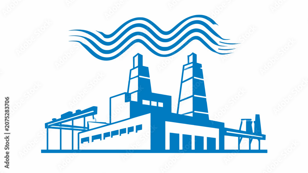 Obraz premium A blue graphic illustration of a manufacturing plant with smoke rising above it