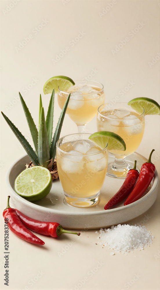 Fototapeta premium Cocktails with lime aloe and chili arranged on ceramic platter