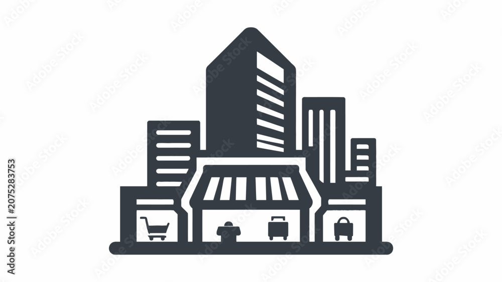 Fototapeta premium A minimalist flat icon representing a modern urban shopping district and city center