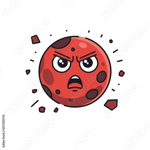 Angry cartoon planet with asteroid fragments