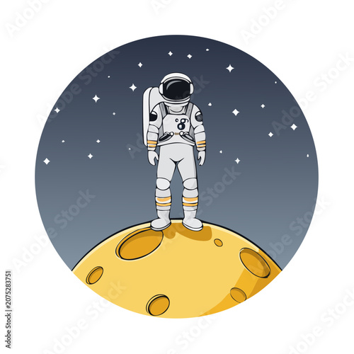 Astronaut standing on the moon in flat vector style