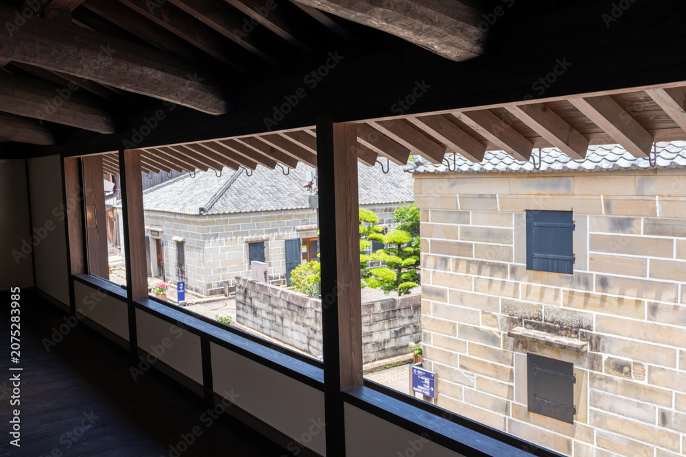 Fototapeta premium View of Dejima courtyard from wooden balcony corridor