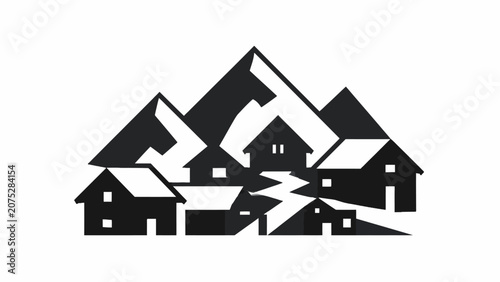 Photos A minimalist graphic illustration of a small village nestled beneath tall mounta