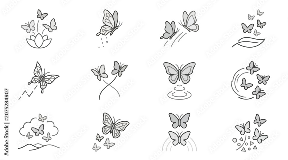 Fototapeta premium Minimalist butterfly line art icon collection.