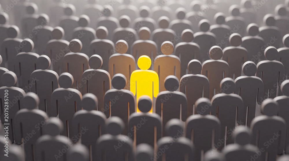 Obraz premium Conceptual 3D illustration of a single yellow human figure standing out among a large crowd of grey figures representing leadership, uniqueness, and individuality.