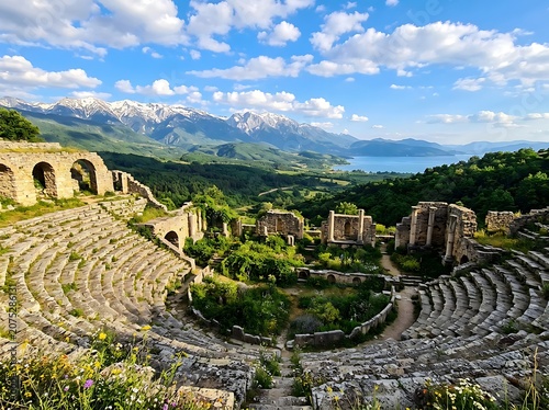Ancient Roman Amphitheater in Mountainous Landscape.