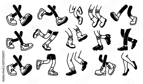 Obraz na płótnie Vintage cartoon legs walking and running pattern bundle, old school comic character feet movements set, retro rubberhose style graphic assets vector illustration