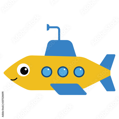 Yellow cartoon submarine with fish shape and periscope