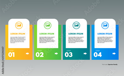 Business infographic timeline vector illustration with four steps and colorful geometric vertical column cards menu layout with rounded top shapes
