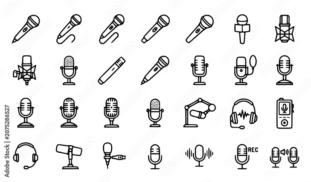 Obraz premium Microphone Icons Monochrome Audio Vector Set