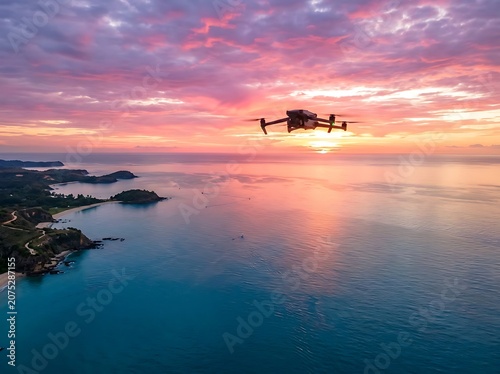 Seaplane flying over tropical island at sunset.