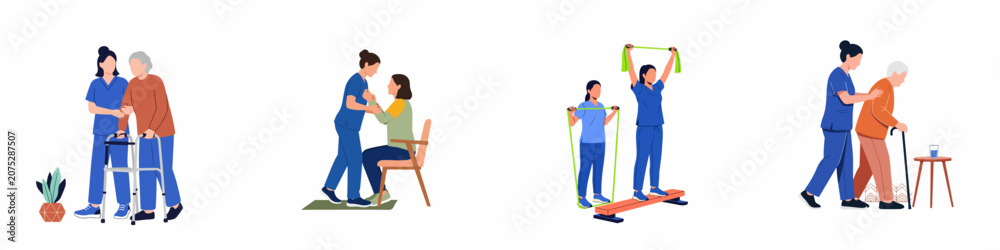 Φωτογραφία Collection of flat vector illustrations depicting physical therapists and caregivers assisting elderly patients with exercises, walking, and daily mobility activities