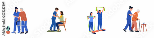 Obraz na plátně Collection of flat vector illustrations depicting physical therapists and caregivers assisting elderly patients with exercises, walking, and daily mobility activities
