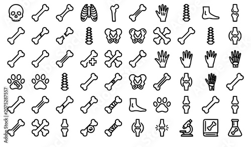 Foto Human bone skeleton and orthopedic thin line icons mega set featuring skull join