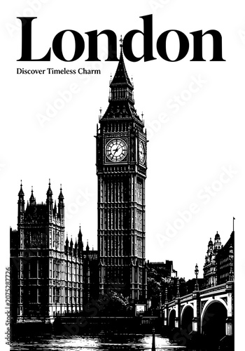 Retro London poster featuring Big Ben and Westminster in a timeless travel illustration style.