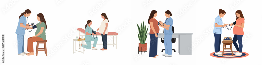Fototapeta premium Vector illustrations of healthcare professionals measuring blood pressure of pregnant women in various medical settings during prenatal checkups.