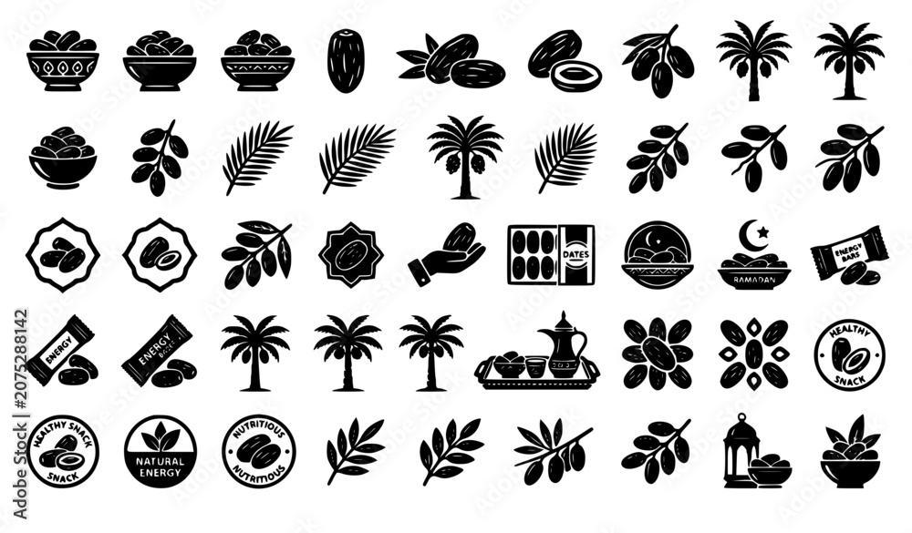 Obraz premium Black silhouette middle eastern sweet dates icons collection with crescent moon star lanterns pattern mandalas and natural food packaging stickers for ramadan themes