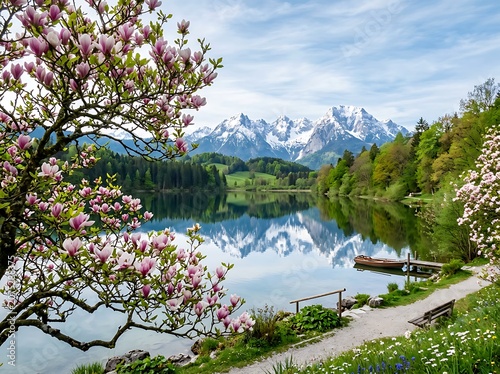 Cherry blossoms over serene mountain lake with wooden dock.