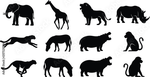Canvas Print African wild animals silhouette vector set collection of safari wildlife icons i