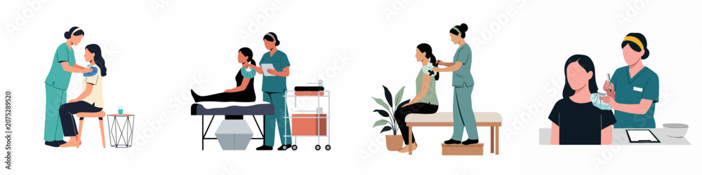 Fototapeta premium Illustrations of a nurse applying a cold pack to a patient's shoulder for pain relief and injury treatment in a medical setting.