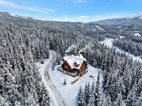 Snow Covered Cabin in Winter Forest Landscape.