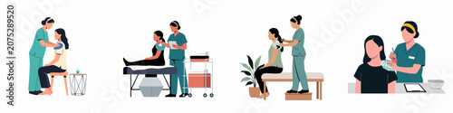 Obraz na płótnie Illustrations of a nurse applying a cold pack to a patient's shoulder for pain relief and injury treatment in a medical setting