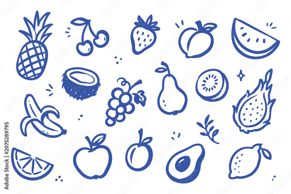Fototapeta premium Fruit Doodle Icons Set Hand Drawn Vector Illustration