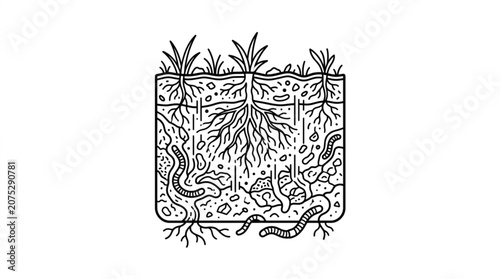 Fotografia Cross section of soil showing plant roots and earthworms.